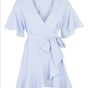Pinstripe blue ruffle wrap dress